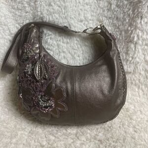 BRIGHTON FABIOLA METALLIC BRONZE 3D FLORAL APPLIQE EMBROIDERED SHOULDER BAG